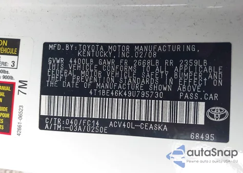 2009 Toyota Camry Se from USA, damaged, VIN 4T1BE46K49U795730